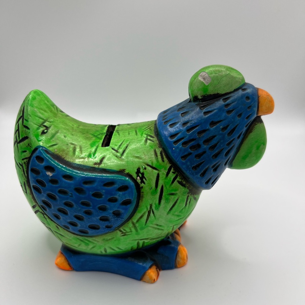 Colorful Green & Orange Chicken Hen Slot Coin Piggy Bank Figurine Collectible - Picture 3 of 16